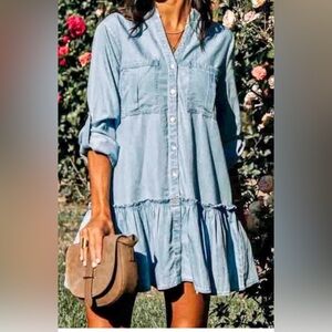 Mazik Button-Down Chambray Denim Dress - Roll Tab Sleeves, Size Large, Brand NWT